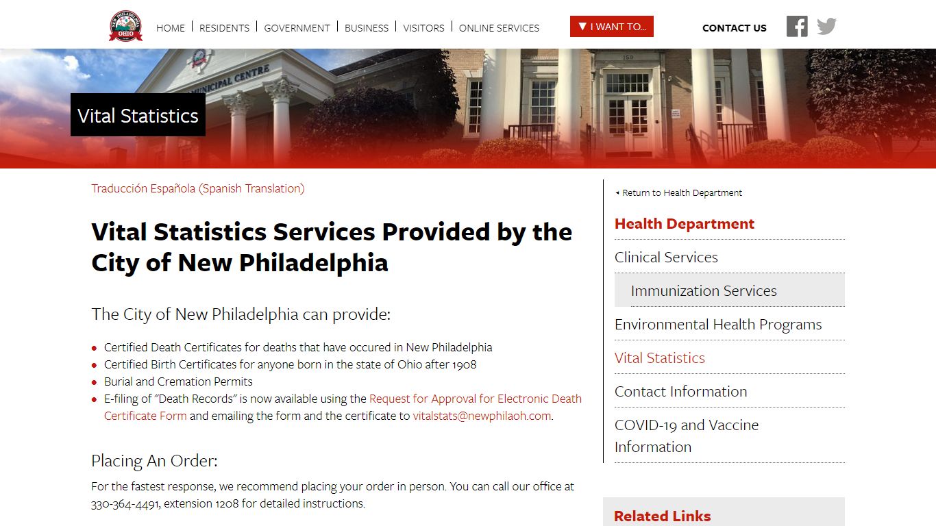 Vital Statistics Services Provided by the City of New Philadelphia